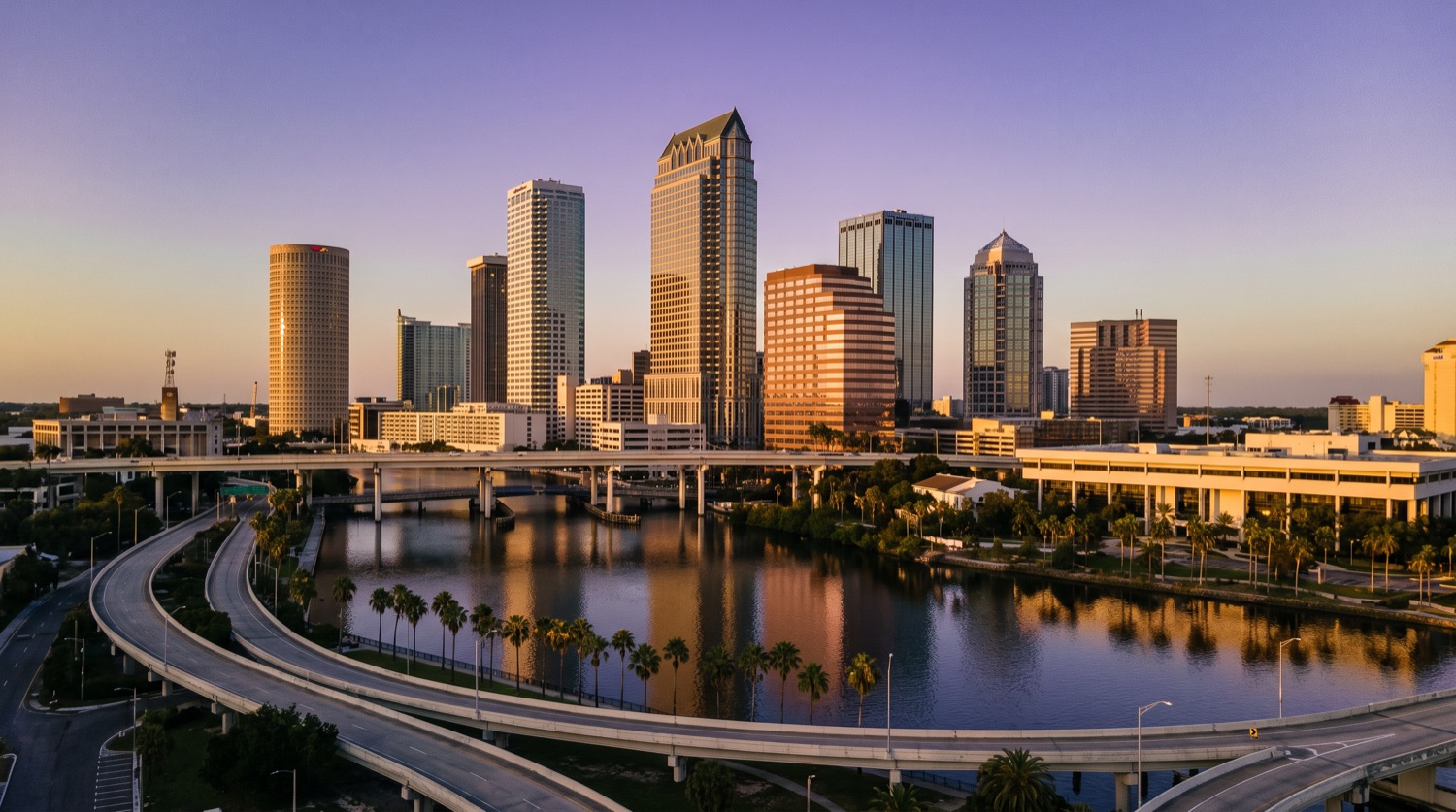 The Tampa, Florida skyline at golden hour, seen across the river.